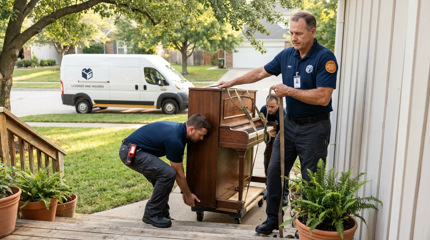 Licensed piano movers securing grand piano in Milan, NM