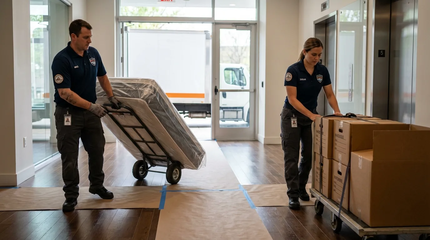 Professional apartment movers loading elevator in Milan, NM
