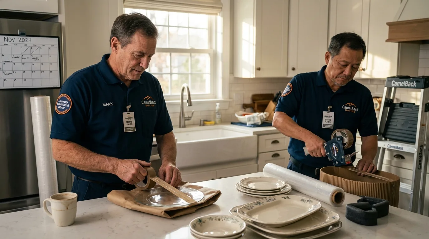 Professional crew packing kitchen dishware in Milan, NM